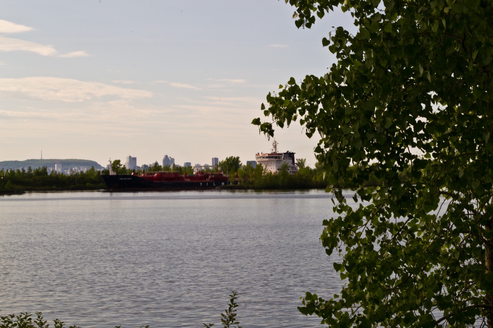 Navire sur la voie maritime avec le centre-ville de Montréal et le mont Royal en arrière-plan, vus de La Prairie