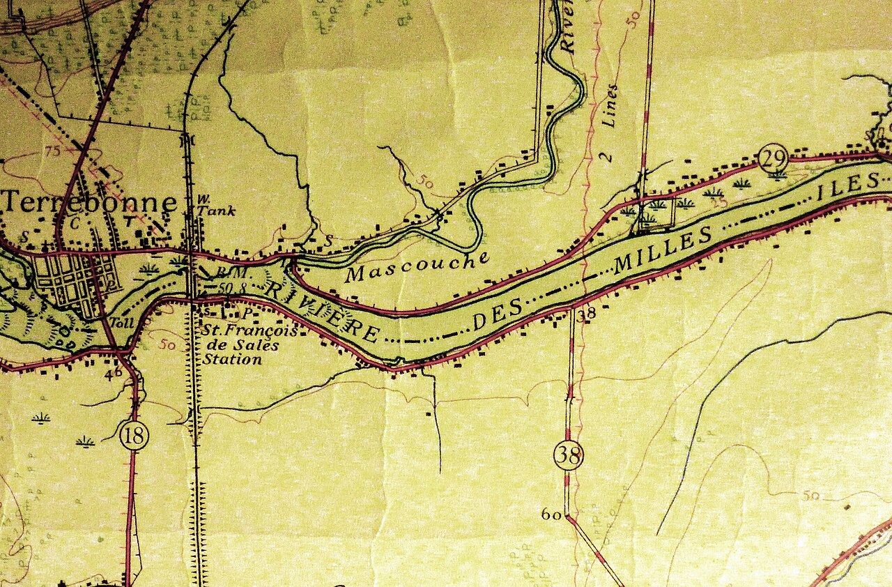 Carte ancienne montrant la station St-François-de-Sales, la rivière des Mille Îles et Terrebonne
