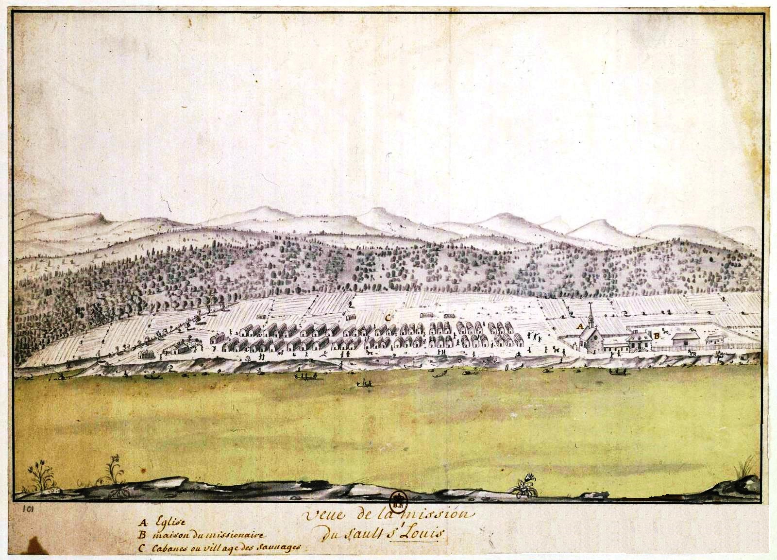 Gravure ancienne de la mission du Sault Saint-Louis, sur la rive sud du fleuve Saint-Laurent